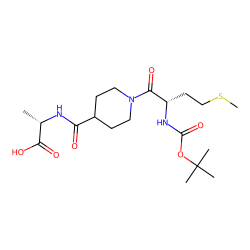 N-({1-[N-(tert-butoxycarbonyl)-L-methionyl]piperidin-4-yl}carbonyl)-L-alanine structure