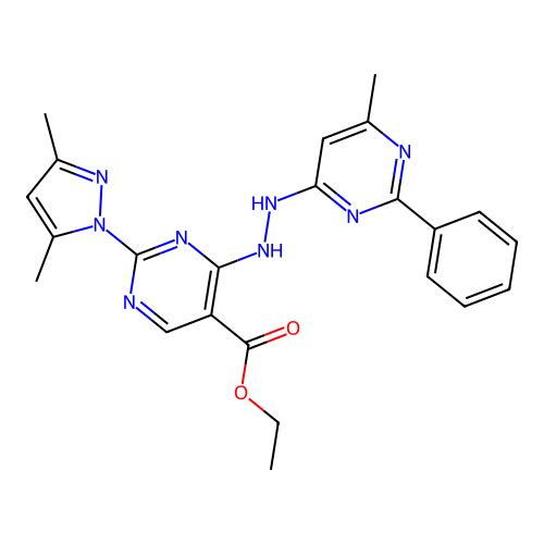 2-(3,5-Dimethyl-pyrazol-1-yl)-4-[N'-(6-methyl-2-phenyl-pyrimidin-4-yl)-hydrazino]-pyrimidine-5-carboxylic acid ethyl ester structure