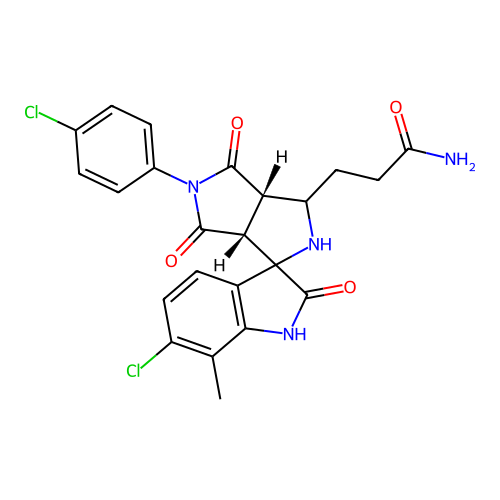 3-[(3aR,6aS)-6'-chloro-5-(4-chlorophenyl)-7'-methyl-2',4,6-trioxospiro[1,2,3a,6a-tetrahydropyrrolo[3,4-c]pyrrole-3,3'-1H-indole]-1-yl]propanamide structure