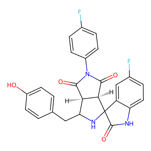(3a'S,6a'R)-5-fluoro-5'-(4-fluorophenyl)-3'-(4-hydroxybenzyl)-3',3a'-dihydro-2'H-spiro[indoline-3,1'-pyrrolo[3,4-c]pyrrole]-2,4',6'(5'H,6a'H)-trione structure