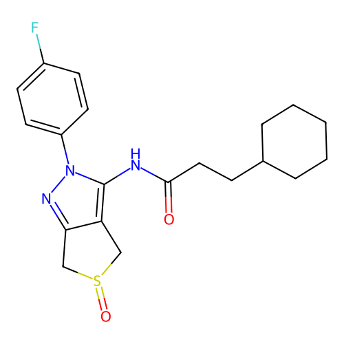 3-cyclohexyl-N-(2-(4-fluorophenyl)-5-oxido-4,6-dihydro-2H-thieno[3,4-c]pyrazol-3-yl)propanamide structure