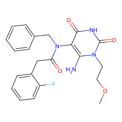 N-[6-amino-1-(2-methoxyethyl)-2,4-dioxopyrimidin-5-yl]-N-benzyl-2-(2-fluorophenyl)acetamide structure