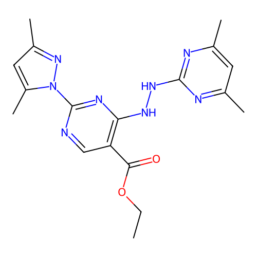 ethyl 2-(3,5-dimethylpyrazol-1-yl)-4-[2-(4,6-dimethylpyrimidin-2-yl)hydrazinyl]pyrimidine-5-carboxylate structure