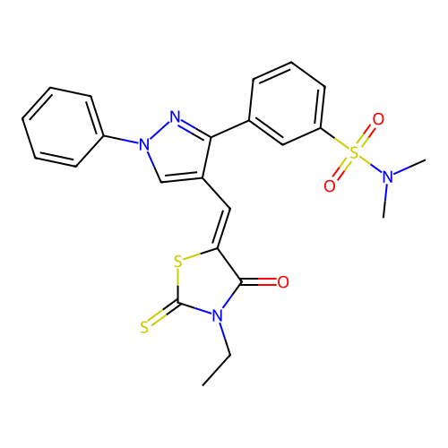 3-{4-[(Z)-(3-ethyl-4-oxo-2-thioxo-1,3-thiazolidin-5-ylidene)methyl]-1-phenyl-1H-pyrazol-3-yl}-N,N-dimethylbenzenesulfonamide structure