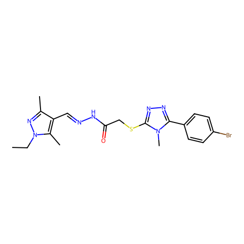 (E)-2-((5-(4-bromophenyl)-4-methyl-4H-1,2,4-triazol-3-yl)thio)-N'-((1-ethyl-3,5-dimethyl-1H-pyrazol-4-yl)methylene)acetohydrazide structure