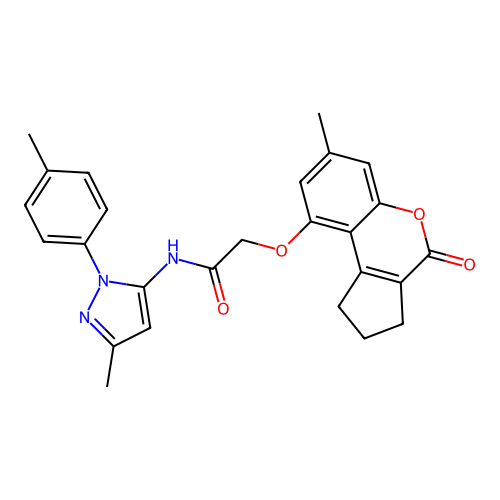 N-[5-methyl-2-(4-methylphenyl)pyrazol-3-yl]-2-[(7-methyl-4-oxo-2,3-dihydro-1H-cyclopenta[c]chromen-9-yl)oxy]acetamide structure