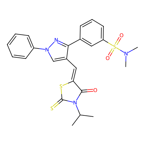 N,N-dimethyl-3-(4-{(Z)-[4-oxo-3-(propan-2-yl)-2-thioxo-1,3-thiazolidin-5-ylidene]methyl}-1-phenyl-1H-pyrazol-3-yl)benzenesulfonamide structure