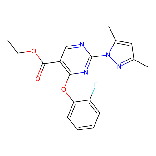 ethyl 2-(3,5-dimethyl-1H-pyrazol-1-yl)-4-(2-fluorophenoxy)pyrimidine-5-carboxylate structure
