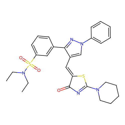 N,N-Diethyl-3-{4-[4-oxo-2-piperidin-1-yl-4H-thiazol-(5Z)-ylidenemethyl]-1-phenyl-1H-pyrazol-3-yl}-benze nesulfonamide structure