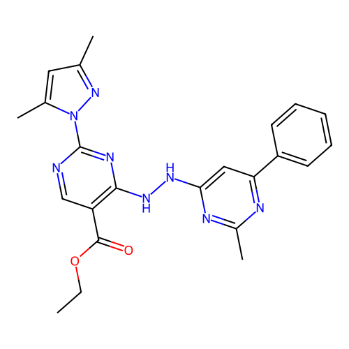 2-(3,5-Dimethyl-pyrazol-1-yl)-4-[N'-(2-methyl-6-phenyl-pyrimidin-4-yl)-hydrazino]-pyrimidine-5-carboxylic acid ethyl ester structure