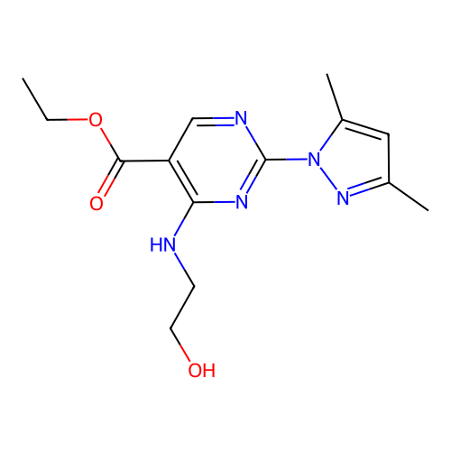 ethyl 2-(3,5-dimethyl-1H-pyrazol-1-yl)-4-((2-hydroxyethyl)amino)pyrimidine-5-carboxylate structure