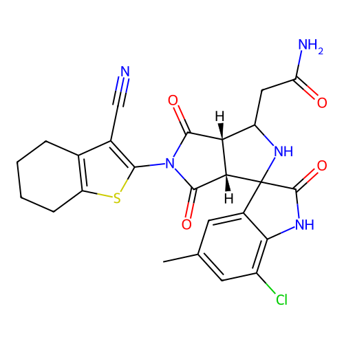 2-((3a'S,6a'R)-7-chloro-5'-(3-cyano-4,5,6,7-tetrahydrobenzo[b]thiophen-2-yl)-5-methyl-2,4',6'-trioxo-3',3a',4',5',6',6a'-hexahydro-2'H-spiro[indoline-3,1'-pyrrolo[3,4-c]pyrrol]-3'-yl)acetamide structure