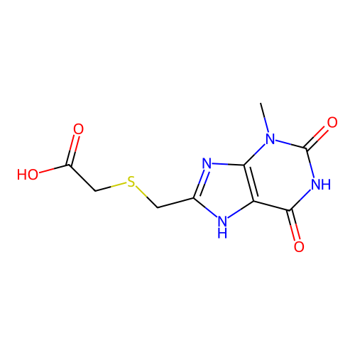 2-(((3-methyl-2,6-dioxo-2,3,6,7-tetrahydro-1H-purin-8-yl)methyl)thio)acetic acid structure