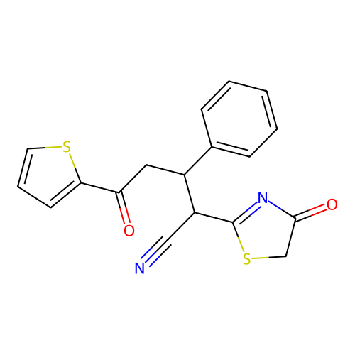 5-Oxo-2-(4-oxo-4,5-dihydrothiazol-2-yl)-3-phenyl-5-thiophen-2-ylpentanenitrile structure