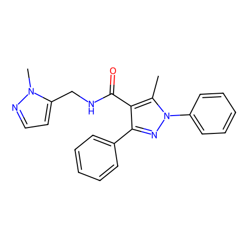 5-methyl-N-[(2-methylpyrazol-3-yl)methyl]-1,3-diphenylpyrazole-4-carboxamide structure