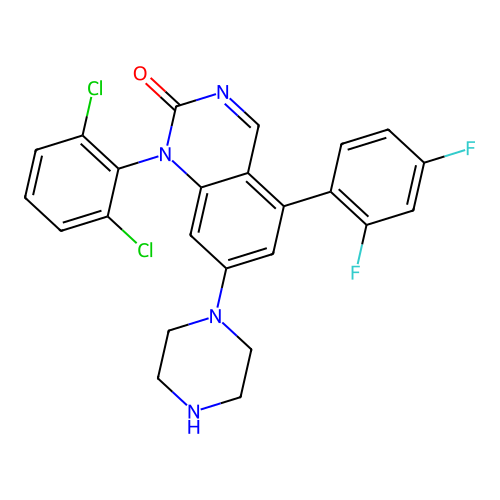 1-(2,6-Dichlorophenyl)-5-(2,4-difluorophenyl)-7-piperazin-1-ylquinazolin-2-one structure