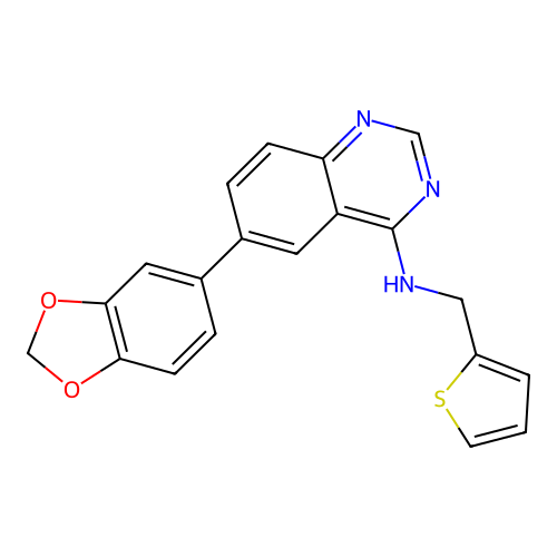 6-(1,3-benzodioxol-5-yl)-N-(thiophen-2-ylmethyl)quinazolin-4-amine structure