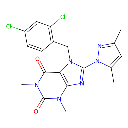 7-(2,4-dichlorobenzyl)-8-(3,5-dimethyl-1H-pyrazol-1-yl)-1,3-dimethyl-1H-purine-2,6(3H,7H)-dione structure