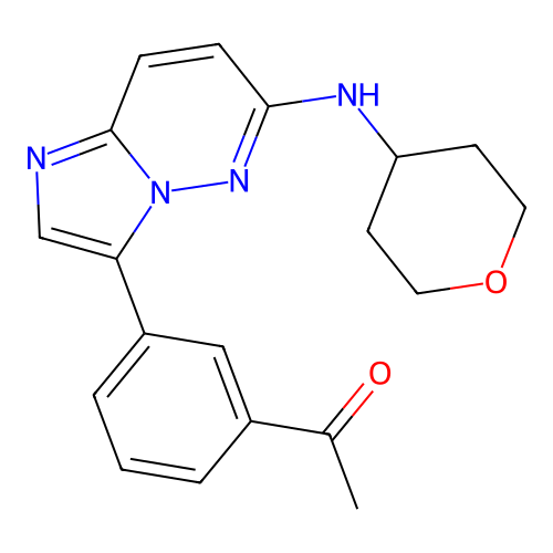 1-(3-(6-(tetrahydro-2H-pyran-4-ylamino)imidazo[1,2-b]pyridazin-3-yl)phenyl)ethanone structure