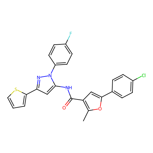 5-(4-Chlorophenyl)-N-[1-(4-fluorophenyl)-3-(2-thienyl)-1H-pyrazol-5-yl]-2-methyl-3-furancarboxamide structure