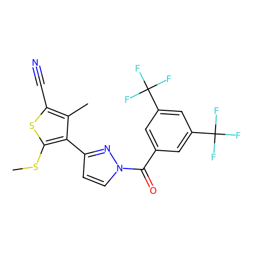 4-[1-[3,5-Bis(trifluoromethyl)benzoyl]-1H-pyrazol-3-yl]-3-methyl-5-(methylthio)-2-thiophenecarbonitrile structure