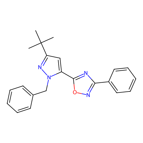 5-(2-benzyl-5-tert-butylpyrazol-3-yl)-3-phenyl-1,2,4-oxadiazole structure