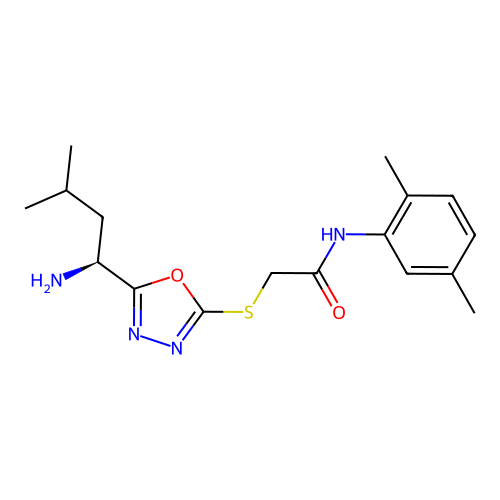 2-({5-[(1S)-1-amino-3-methylbutyl]-1,3,4-oxadiazol-2-yl}sulfanyl)-N-(2,5-dimethylphenyl)acetamide structure