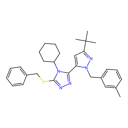 4-Cyclohexyl-3-[3-(1,1-dimethylethyl)-1-[(3-methylphenyl)methyl]-1H-pyrazol-5-yl]-5-[(phenylmethyl)thio]-4H-1,2,4-triazole structure
