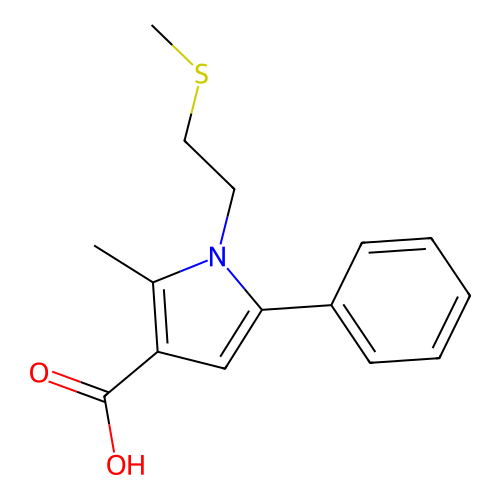 2-Methyl-1-(2-methylthioethyl)-5-phenylpyrrole-3-carboxylic acid structure