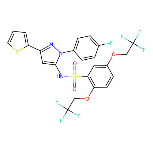 N-[1-(4-fluorophenyl)-3-(2-thienyl)-1H-pyrazol-5-yl]-2,5-bis(2,2,2-trifluoroethoxy)benzenesulfonamide structure