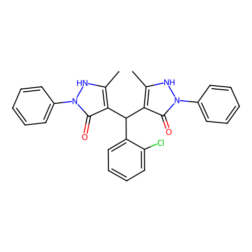 4,4'-[(2-chlorophenyl)methanediyl]bis(3-methyl-1-phenyl-1H-pyrazol-5-ol) structure