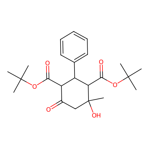 Di(tert-butyl) 4-hydroxy-4-methyl-6-oxo-2-phenyl-1,3-cyclohexanedicarboxylate structure