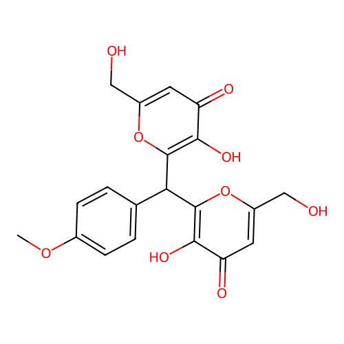 6,6'-((4-methoxyphenyl)methylene)bis(5-hydroxy-2-(hydroxymethyl)-4H-pyran-4-one) structure