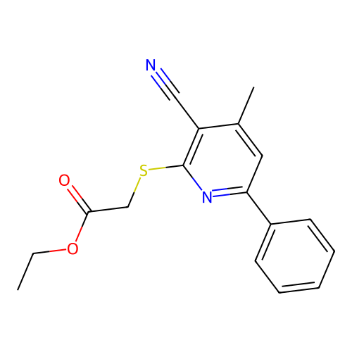 Ethyl 2-(3-cyano-4-methyl-6-phenyl-2-pyridylthio)acetate structure