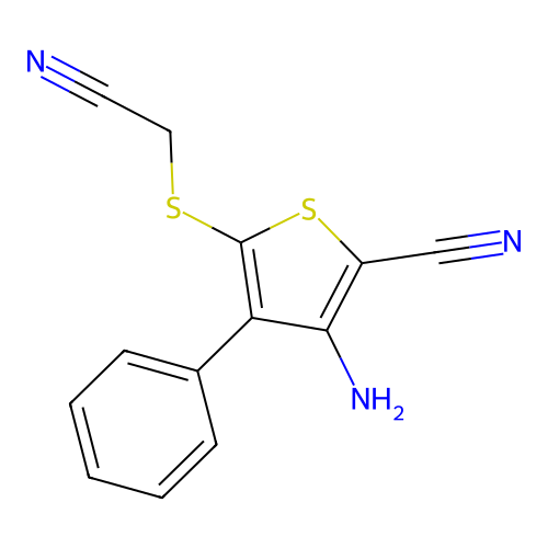 3-Amino-5-[(cyanomethyl)sulfanyl]-4-phenyl-2-thiophenecarbonitrile structure