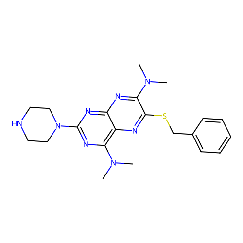 6-Benzylthio-4,7-bis(dimethylamino)-2-piperazino-pteridine structure