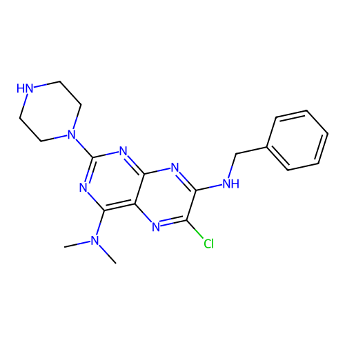 6-Chloro-2-piperazino-4-dimethylamino-7-benzylamino-pteridine structure