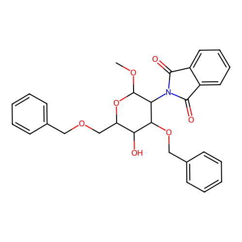 2-[5-hydroxy-2-methoxy-4-phenylmethoxy-6-(phenylmethoxymethyl)oxan-3-yl]isoindole-1,3-dione structure