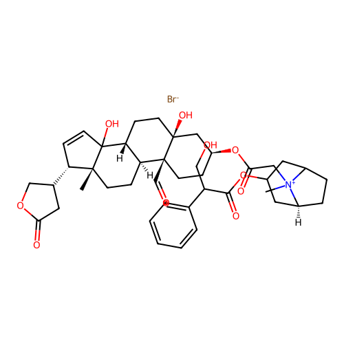 Card-20(22)-enolide, 5,14-dihydroxy-3-(((3-(3-hydroxy-1-oxo-2-phenylpropoxy)-8-methyl-8-azoniabicyclo(3.2.1)oct-8-yl)acetyl)oxy)-19-oxo-, bromide, (3-beta,(1-alpha,3-beta(S), 5-alpha),5-beta)- structure