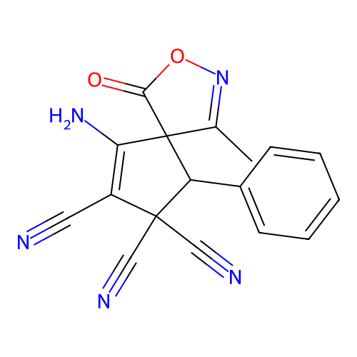 4-amino-6-methyl-9-oxo-1-phenyl-8-oxa-7-azaspiro[4.4]nona-3,6-diene-2,2,3-tricarbonitrile structure