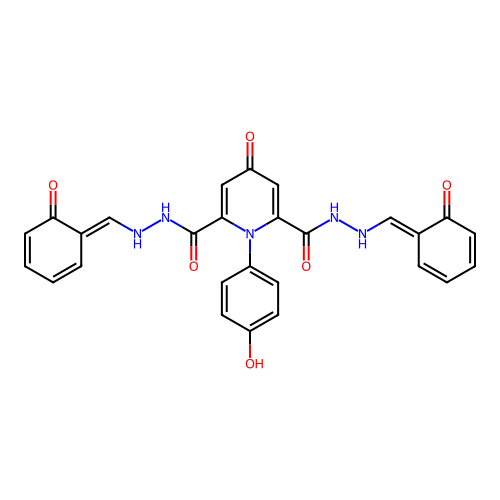 1-(4-hydroxyphenyl)-4-oxo-2-N',6-N'-bis[(E)-(6-oxocyclohexa-2,4-dien-1-ylidene)methyl]pyridine-2,6-dicarbohydrazide structure
