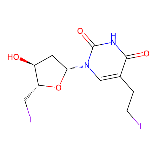 1-[(2R,4S,5S)-4-hydroxy-5-(iodomethyl)tetrahydrofuran-2-yl]-5-(2-iodoethyl)pyrimidine-2,4-dione structure