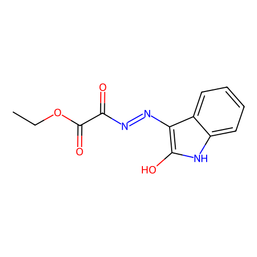 Oxo-[N'-(2-oxo-1,2-dihydro-indol-3-ylidene)-hydrazino]-acetic acid ethyl ester structure