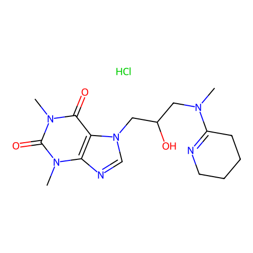 1H-Purine-2,6-dione, 3,7-dihydro-1,3-dimethyl-7-(2-hydroxy-3-(methyl(3,4,5,6-tetrahydro-2-pyridinyl)amino)propyl)-, monohydrochloride structure