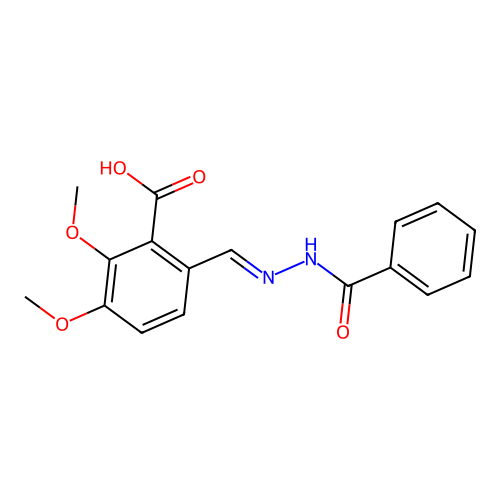 2,3-dimethoxy-6-{(E)-[2-(phenylcarbonyl)hydrazinylidene]methyl}benzoic acid structure
