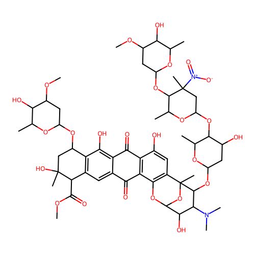 2,6-Epoxy-2H-naphthaceno(1,2-b)oxocin-14-carboxylic acid, 11-((2,6-dideoxy-3-O-methyl-alpha-L-lyxo-hexopyranosyl)oxy)-5-((O-2,6-dideoxy-3-O-methyl-alpha-L-lyxo-hexopyranosyl-(1-4)-O-2,3,6-trideoxy-3-C-methyl-3-nitro-beta-L-ribo-hexopyranosyl-(1-4)-2,6-dideoxy-alpha-L-lyxo-hexopyranosyl)oxy)-4-(dimethylamino)-3,4,5,6,9,11,12,13,14,16-decahydro-3,8,10,13-tetrahydroxy-6,13-dimethyl-9,16-dioxo-, methyl ester, (2R-(2-alpha,3-beta,4-alpha,5-alpha,6-alpha,11-beta,13-alpha,14-alpha))- structure
