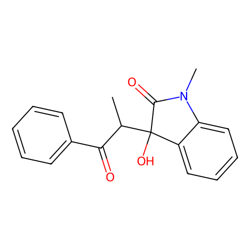 3-Hydroxy-1-methyl-3-(1-oxo-1-phenylpropan-2-yl)indol-2-one structure
