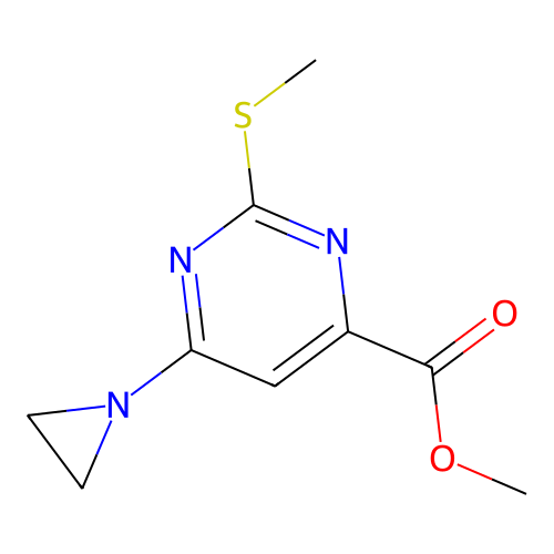Methyl 6-(aziridin-1-yl)-2-methylsulfanylpyrimidine-4-carboxylate structure