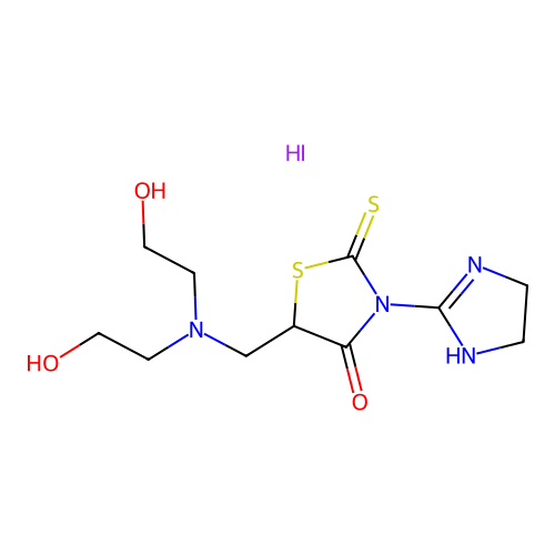 4-Thiazolidinone, 5-((bis(2-hydroxyethyl)amino)methyl)-3-(4,5-dihydro-1H-imidazol-2-yl)-2-thioxo-, monohydriodide structure