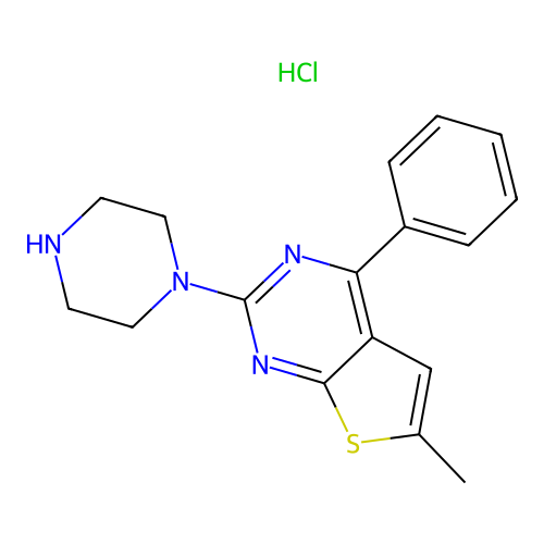 Thieno(2,3-d)pyrimidine, 6-methyl-4-phenyl-2-(1-piperazinyl)-, monohydrochloride structure